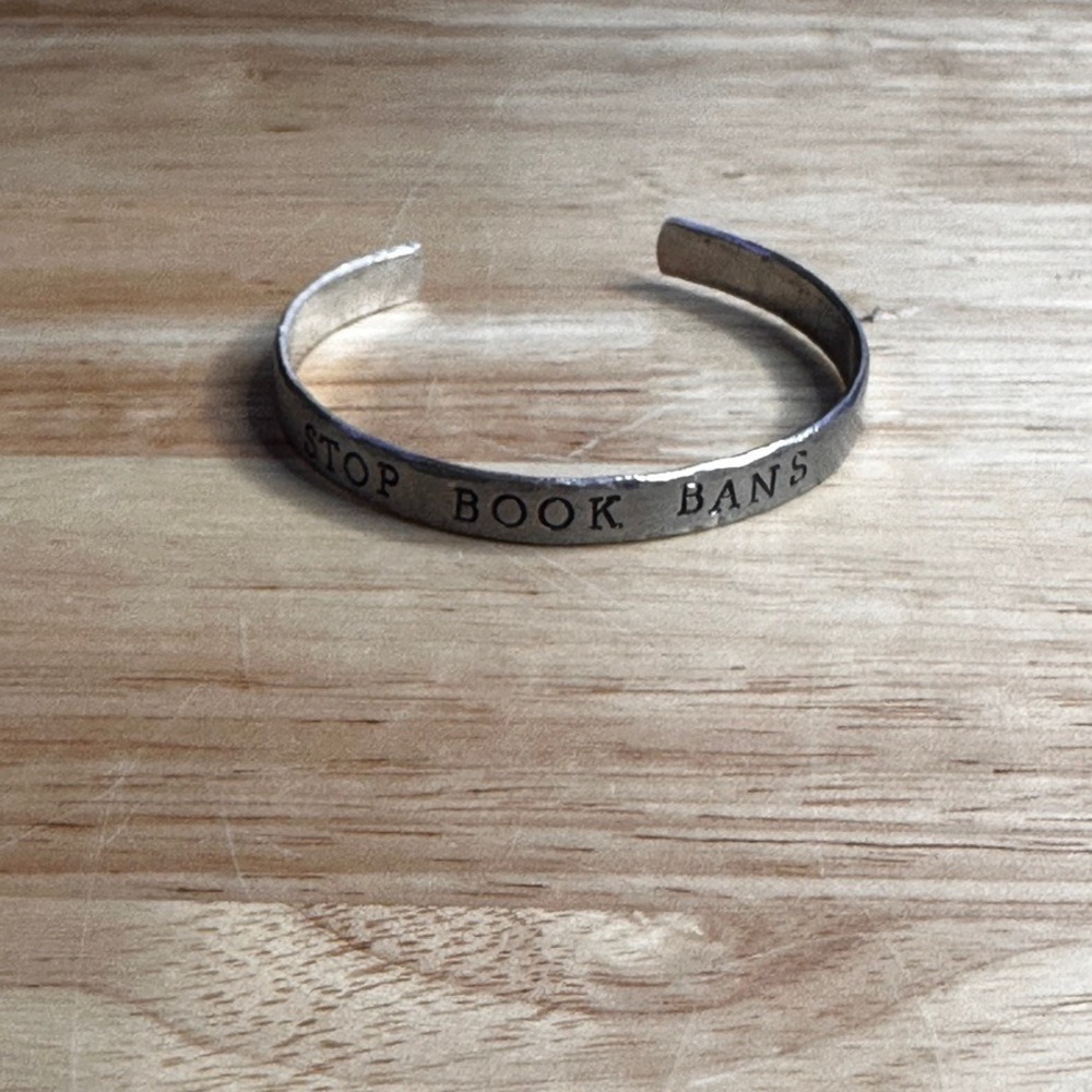 Stop Book Bans Silver Tone Hand Stamped Hammered Metal Cuff Bracelet Activist